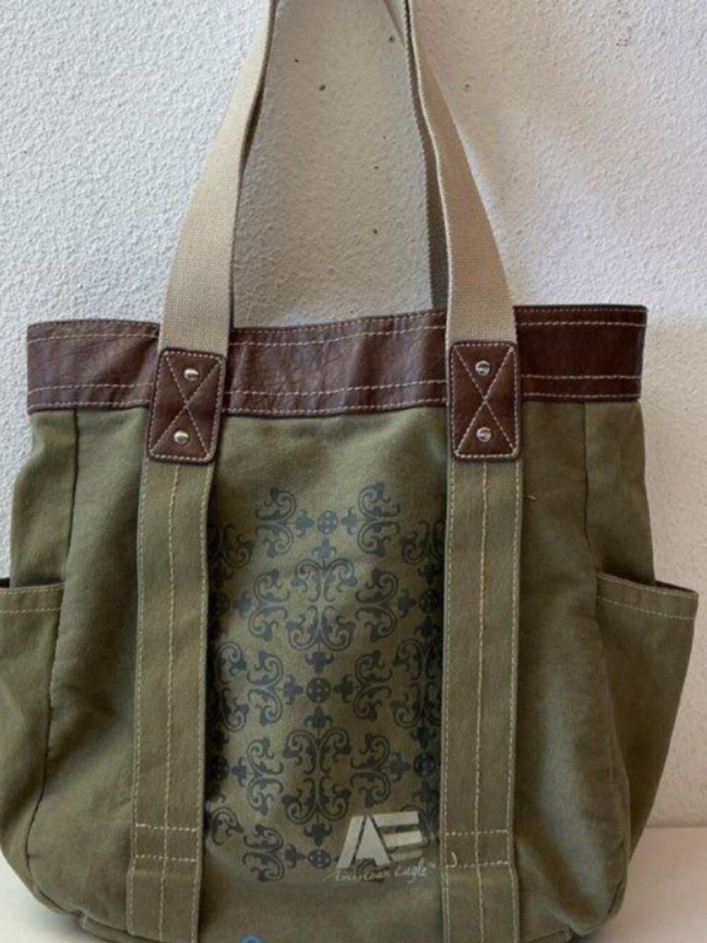 American Eagle Olive Canvas Tote Bag Brown Faux Leather Trim